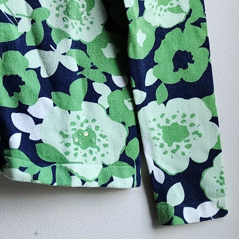 Charter Club Green/Navy Floral Button Down Cardigan Size Petite P Small